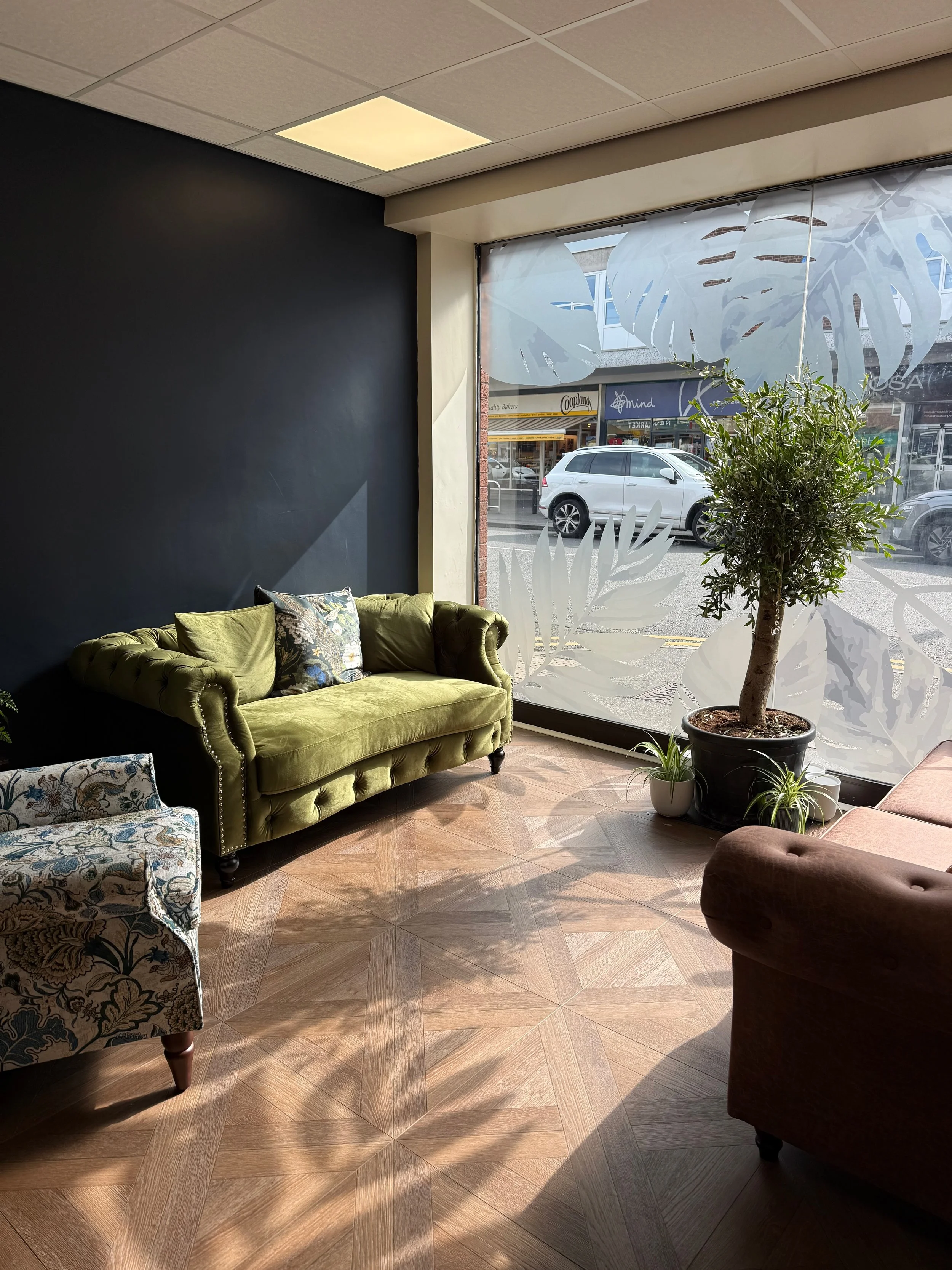 The lounge area at The Wellness Lounge Leeds, with velvet sofas, plants and a large window onto Garforth Main Street